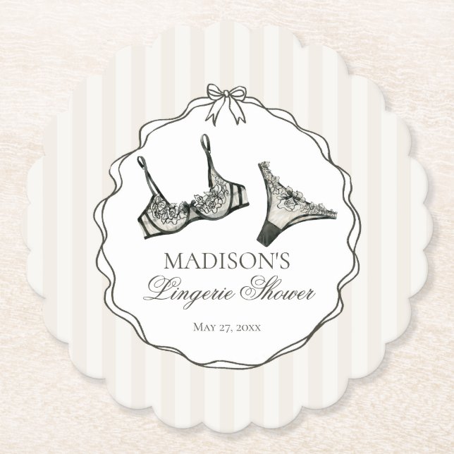 Black Lingerie Shower Lace Bachelorette Party Paper Coaster (Front)