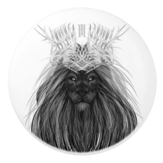 Black Lion with Antlers Crown and Monogram Ceramic Knob (Front)