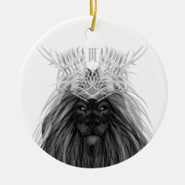 Black Lion with Antlers Crown and Monogram Ceramic Ornament (Front)