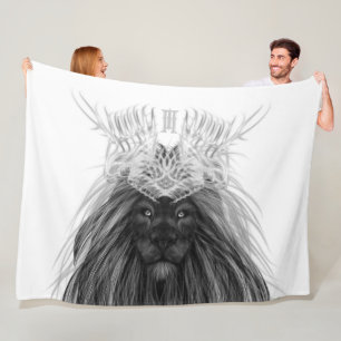 Black Lion with Antlers Crown and Monogram Fleece Blanket