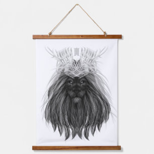 Black Lion with Antlers Crown and Monogram Hanging Tapestry