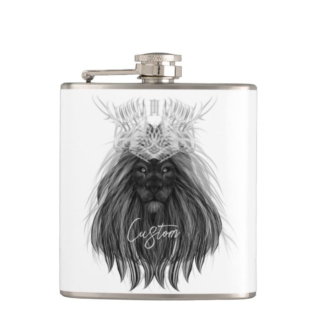 Black Lion with Antlers Crown and Monogram Hip Flask (Front)