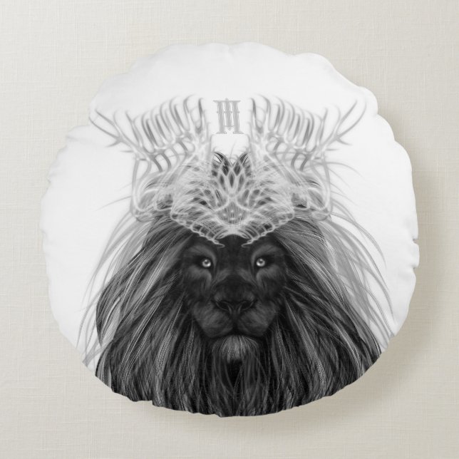 Black Lion with Antlers Crown and Monogram Round Cushion (Front)