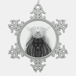 Black Lion with Antlers Crown and Monogram Snowflake Pewter Christmas Ornament