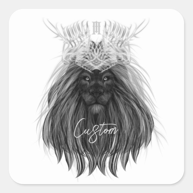 Black Lion with Antlers Crown and Monogram Square Sticker (Front)