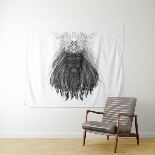 Black Lion with Antlers Crown and Monogram Tapestry (In Situ (Horizontal))