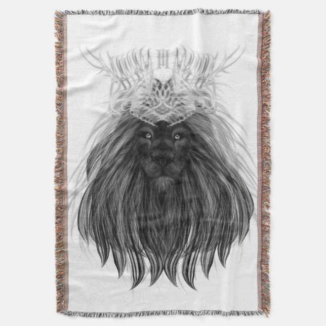 Black Lion with Antlers Crown and Monogram Throw Blanket (Front Vertical)