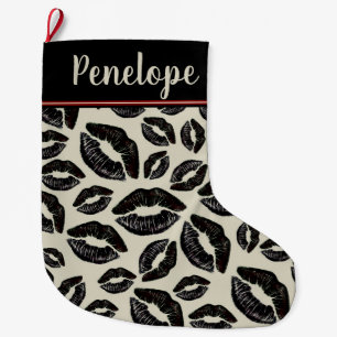 Black Lipstick Kiss Pattern Beige Large Christmas Stocking