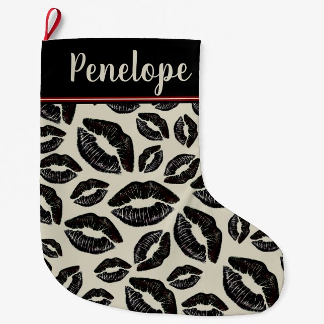 Black Lipstick Kiss Pattern Beige Large Christmas Stocking (Front)