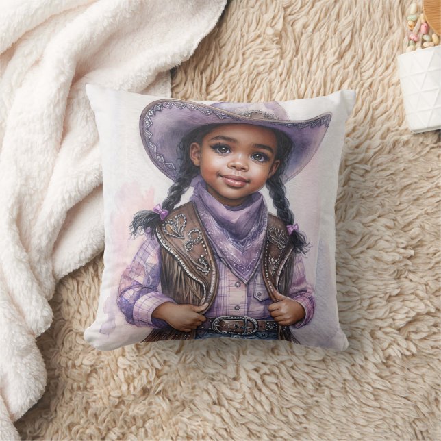 Black Little Girl In Purple Cowgirl Fashion Cushion (Blanket)
