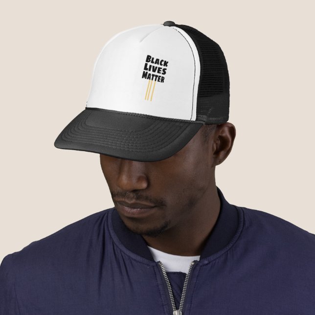 Black Lives Matter BLM three Yellow Stripes Trucker Hat (In Situ)