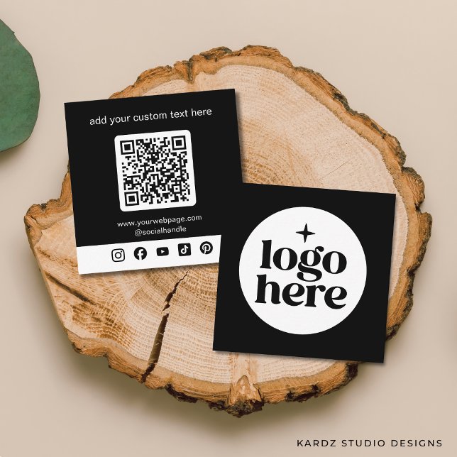 Black Logo QR Code Custom Social Media Square Business Card (Add your logo, customize social media icons and enter URL to create QR Code. Choose corner + paper.)