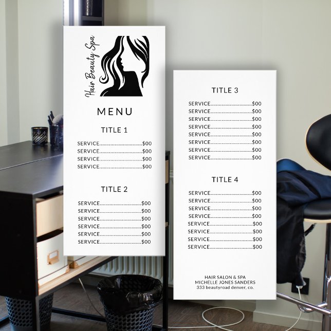 Black logo white salon service menu rack card (Creator Uploaded)