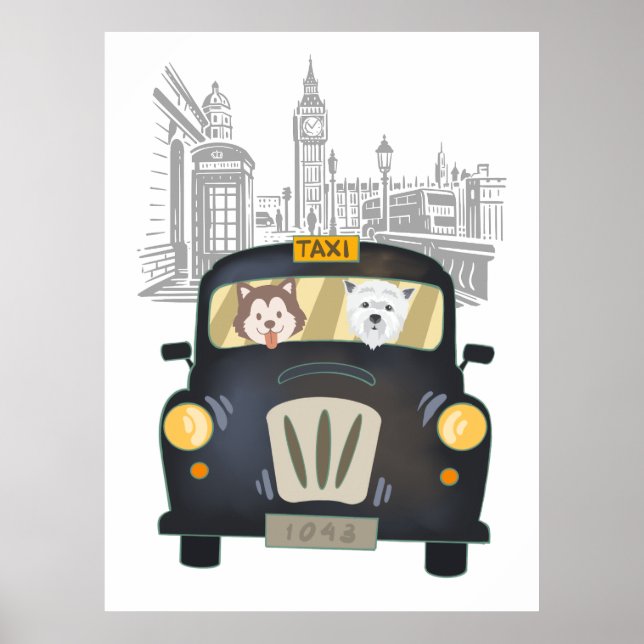 Black London Taxi Cab driven by Dogs Poster (Front)