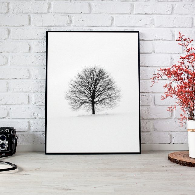 Black Lone Leafless Tree on Winter Poster (#zazzlemade #treewallart #wintertree #leaflesstree #blacktree #treeartforwall#treeautumn#baretree )