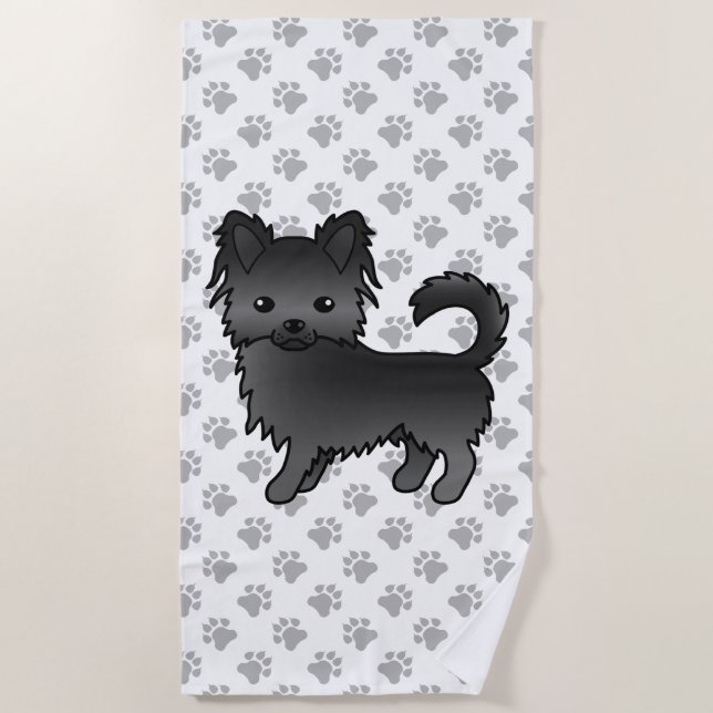 Black Long Coat Chihuahua Cartoon Dog & Paws Beach Towel (Front)