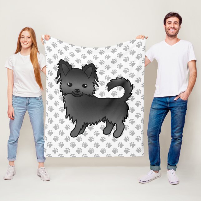 Black Long Coat Chihuahua Cartoon Dog & Paws Fleece Blanket (In Situ)