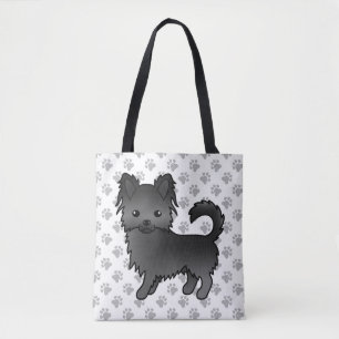 Black Long Coat Chihuahua Cartoon Dog & Paws Tote Bag
