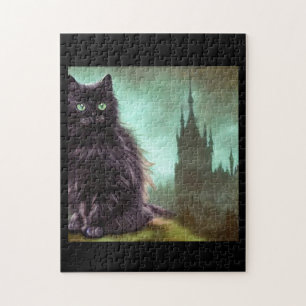 Black long-haired cat green eyes before castle jigsaw puzzle