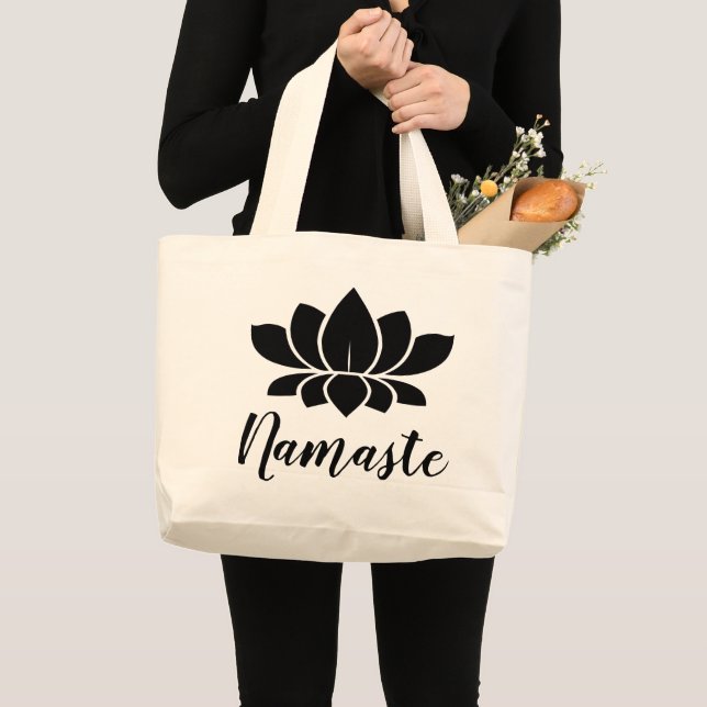 Black Lotus Flower Silhouette Namaste Yoga Large Tote Bag (Front (Product))