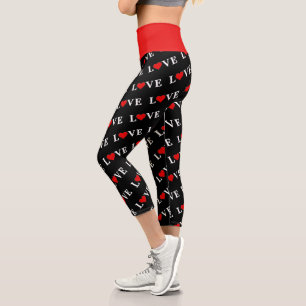 Black LOVE and Heart Simple Minimalist Modern Chic Capri Leggings