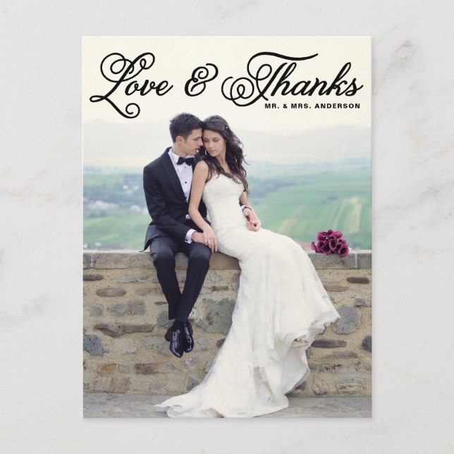 Black Love and Thanks Pretty Script Photo Wedding Postcard (Front)