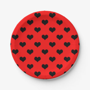 Black Love Heart On Red Background Paper Plate