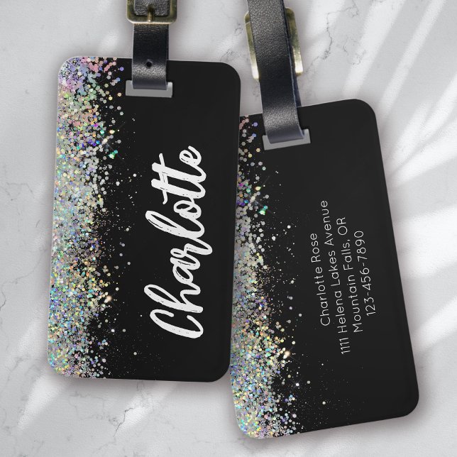 Black Luxe Holographic Glitter Personalised Luggage Tag (Creator Uploaded)