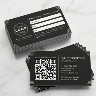 Black Luxury Art Deco QR Code Minimal Design Appointment Card
