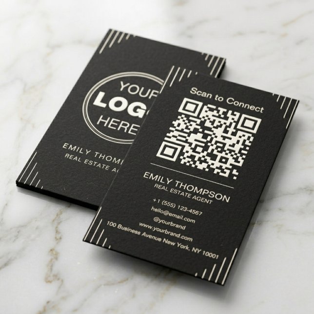 Black Luxury Art Deco QR Code Minimal Design Business Card (Black QR Code Business Card | Minimalist Art Deco Branding)