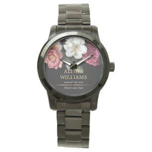 Black Luxury Floral Personalised Watch