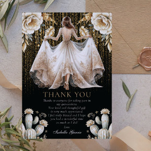 Black Luxury Ivory & Gold Quinceañera Thank you Invitation