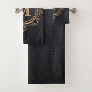 Black Luxury monogram ornamental mandala Bath Towel Set