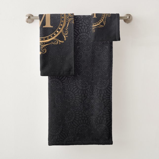 Black Luxury monogram ornamental mandala Bath Towel Set (Insitu)