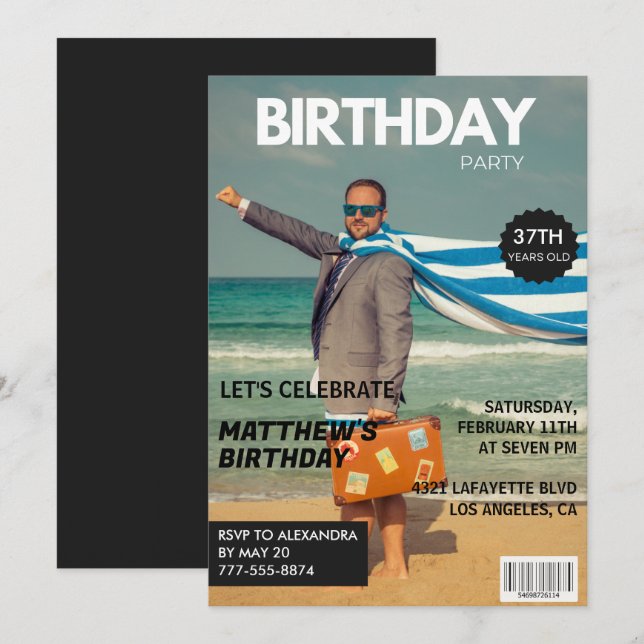 Black Magazine Humour Photo 37th birthday Invitation (Front/Back)