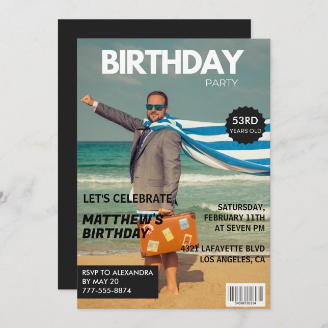 Black Magazine Humour Photo 53rd birthday Invitation (Front/Back)