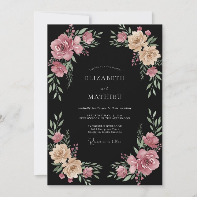 Black Magenta Blossom Wedding Invitation (Front)