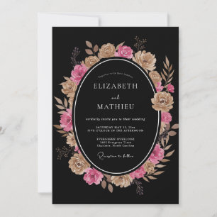Black Magenta Floral Watercolor Wedding Invitation