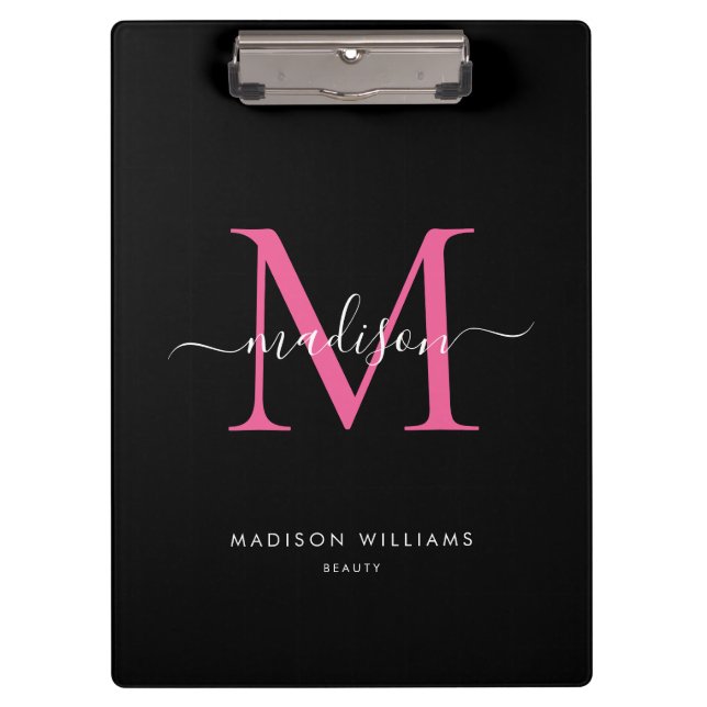 Black Magenta Pink Monogram Stylish Script Name Clipboard (Front)