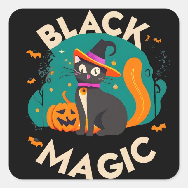 Black magic cute witch cat, Halloween theme design Square Sticker (Front)