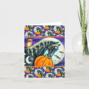 BLACK MAGIC HORSE, OWL, JACK O LANTERN & SKULLS HOLIDAY CARD