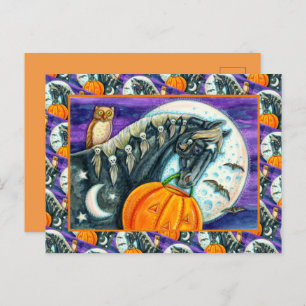 BLACK MAGIC HORSE, OWL, JACK O LANTERN & SKULLS HOLIDAY POSTCARD