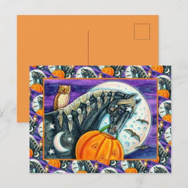 BLACK MAGIC HORSE, OWL, JACK O LANTERN & SKULLS HOLIDAY POSTCARD (Front/Back)