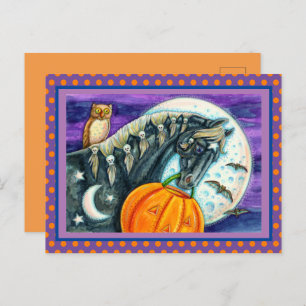 BLACK MAGIC HORSE, OWL, JACK O LANTERN & SKULLS HOLIDAY POSTCARD