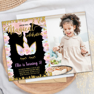Black Magical Glitter Unicorn Birthday w photo Invitation
