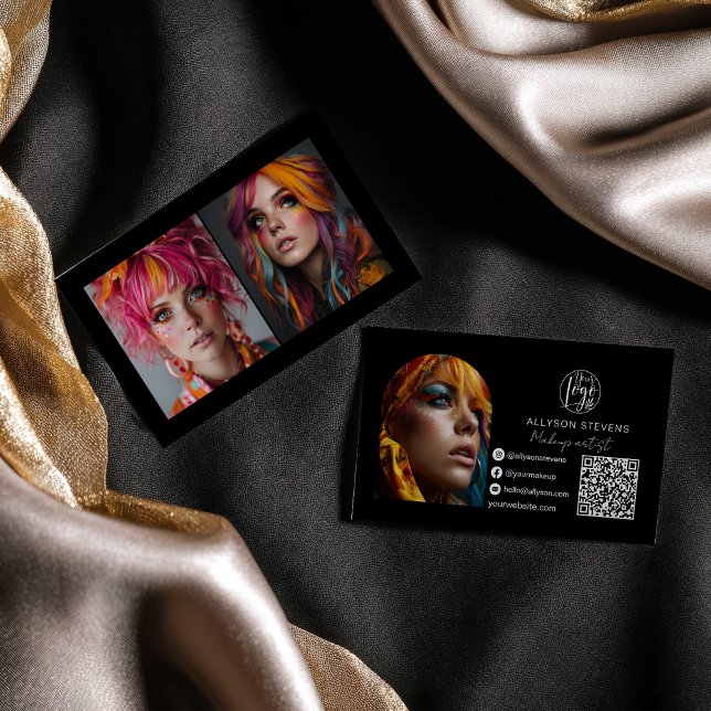 black makeup 3 photo Social Media Logo qr code Business Card (black makeup 3 photo Social Media Logo qr code Business Card)