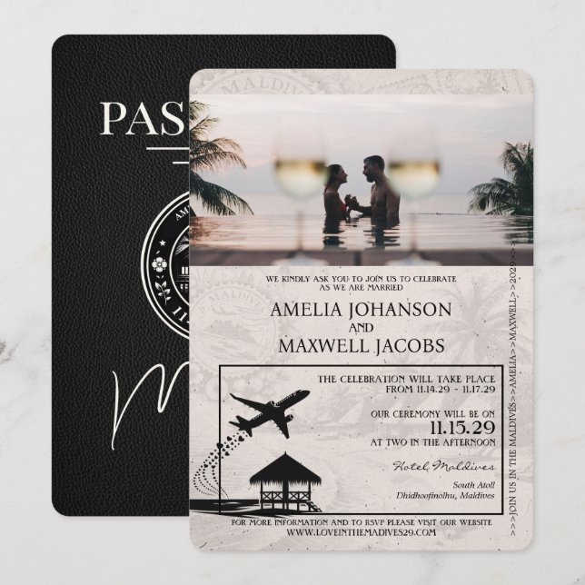 Black Maldives Passport Wedding Invitation (Front/Back)