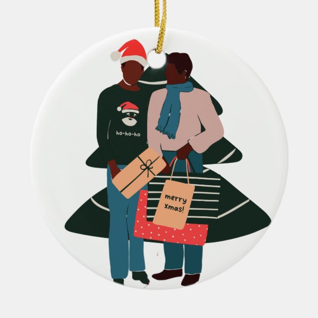 Black Male Couple Christmas Ceramic Ornament (Front)