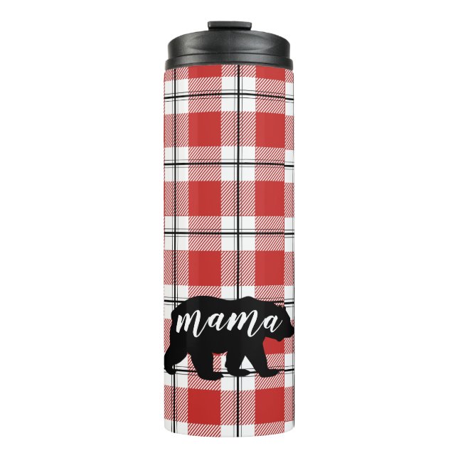 Black Mama Bear Red & White Plaid Flannel Pattern Thermal Tumbler (Front)