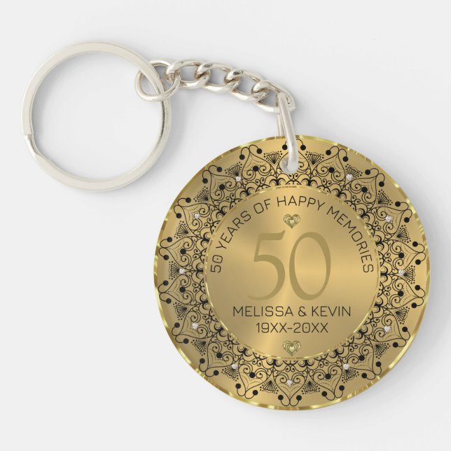 Black Mandala On Gold 50th Wedding Anniversary Key Ring (Front)